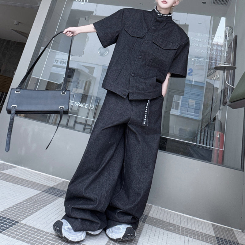 Stand Collar Beaded Denim Shoulder Pad Short Sleeve Wide Leg Trousers Two Piece Set