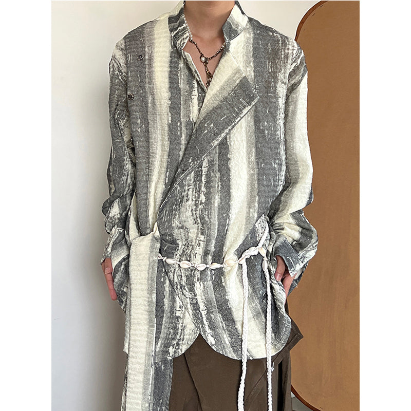 Vintage Tie-dye Ribbon Stand Collar Pleated Shirt