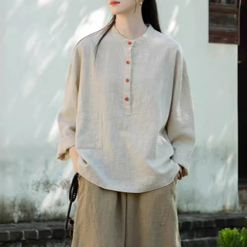 Linen Stand Collar Colorblock Buttoned Pullover Shirt