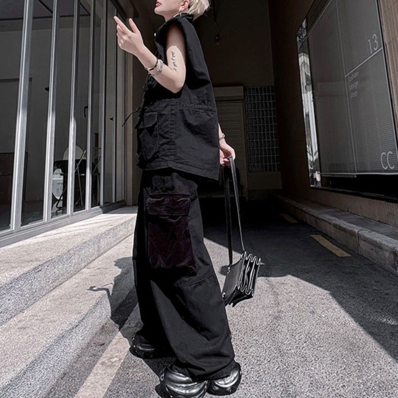 Japanese Retro Stand Collar Vest Wide Leg Loose Trousers Two-piece Set