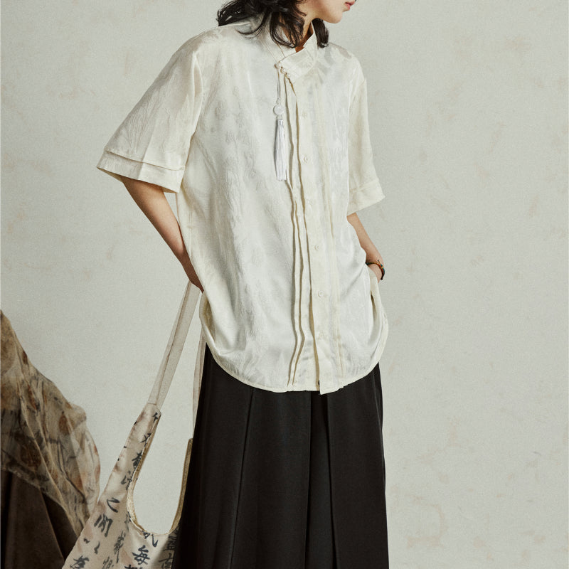 Satin Jacquard Slanted Placket Jade Pendant Tassel Shirt
