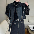 Deconstructed Washed Denim PU Leather Jacket Wide-leg Trousers Two-piece Suit