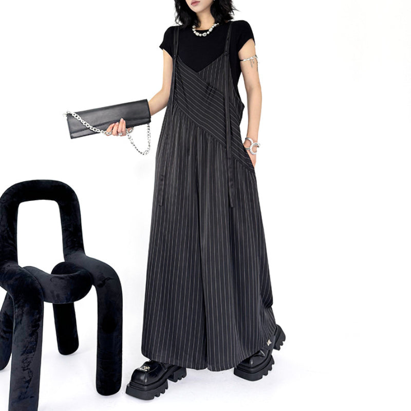 Loose Casual Stitching Striped Wide-leg Overalls