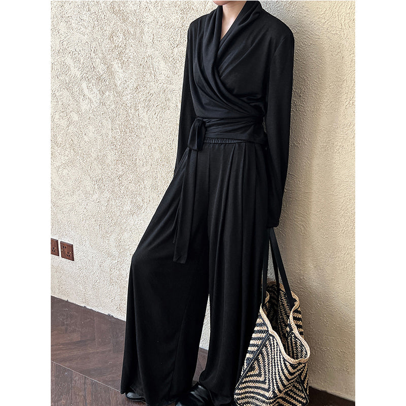 Irregular One-shoulder Waisted Pleated Top Wide-leg Pants Two-piece Set