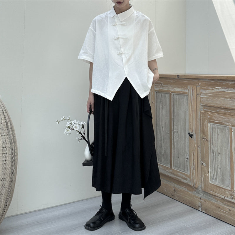 Slanted Buttoned Solid Color Irregular Shirt