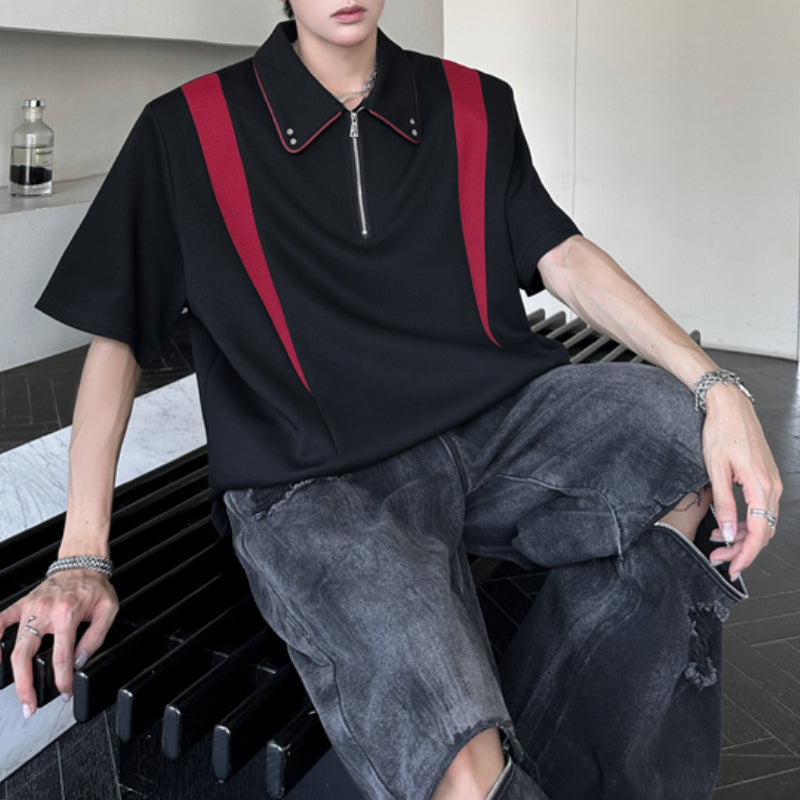 Padded Shoulder Contrast Color Stitching POLO Shirt