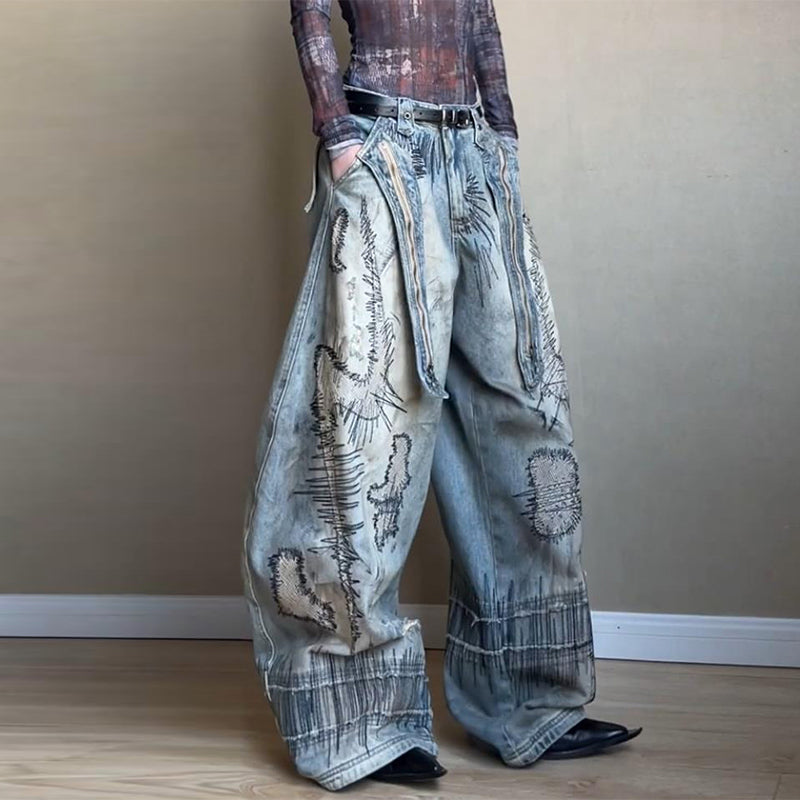 Stitch Embroidery Dyed Denim Loose Wide Leg Scimitar Pants