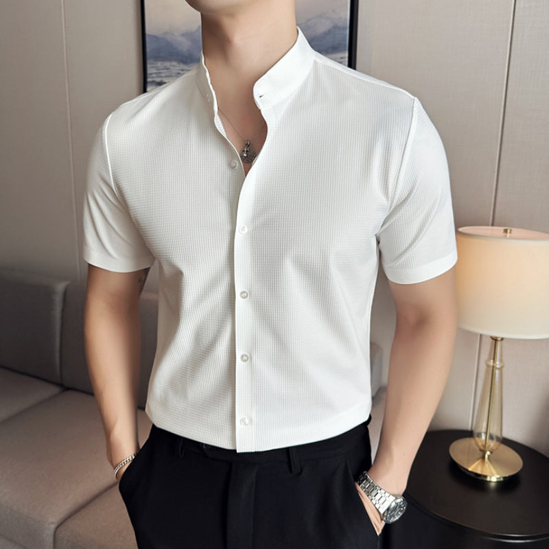 Summer Stand Collar Ice Silk Casual Waffle Shirt