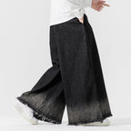Japanese Retro Denim Gradient Color Raw Edge Wide Leg Pants