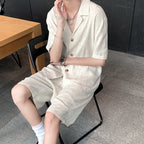 Vintage Cotton Linen Shirt Shorts Two-Piece Set