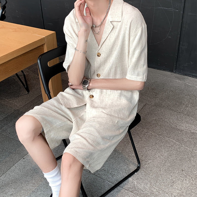 Vintage Cotton Linen Shirt Shorts Two-Piece Set
