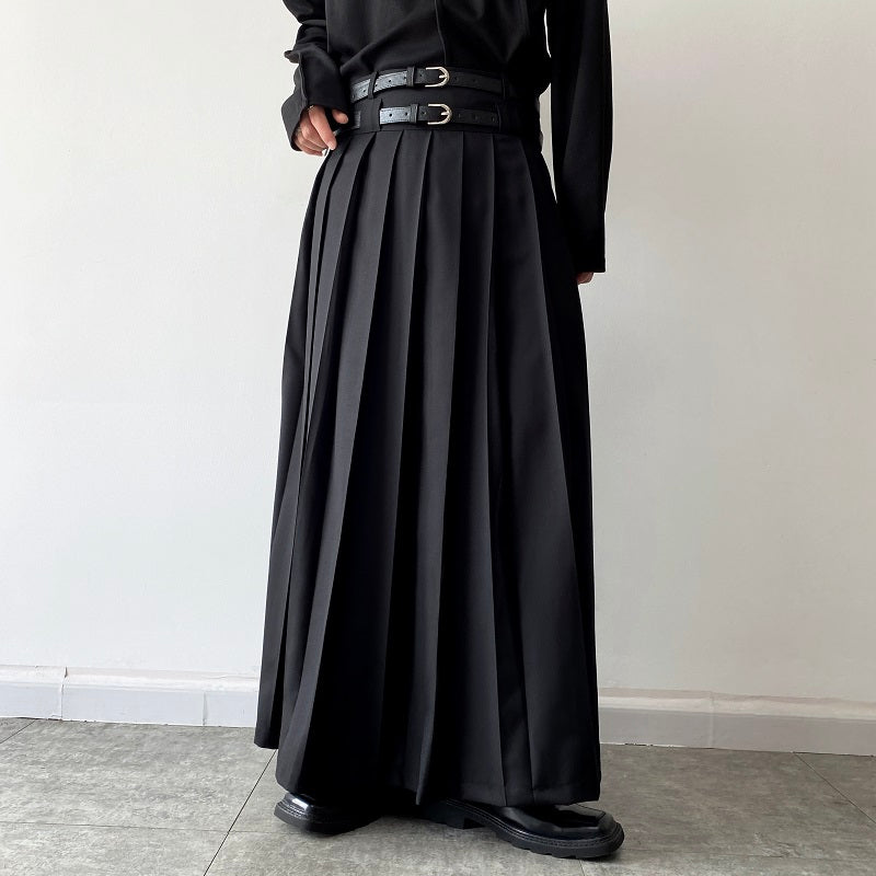 Pleated Double Belt Skirt Hakama Pants