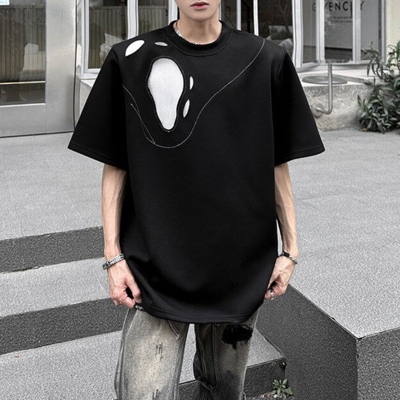 Padded Shoulder Loose Ripped Mesh T-shirt