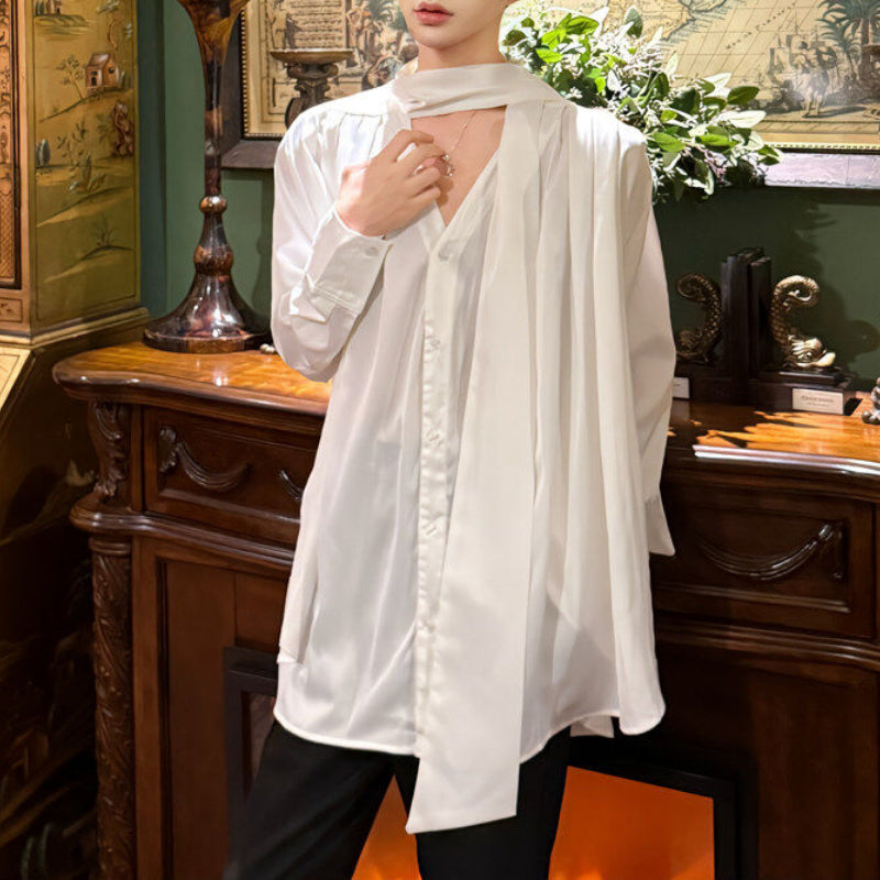French V-neck Ribbon Loose Draped Shirt