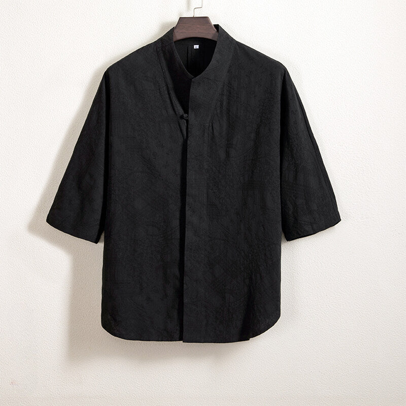 Cotton and Linen Jacquard Vintage Half Sleeve Shirt