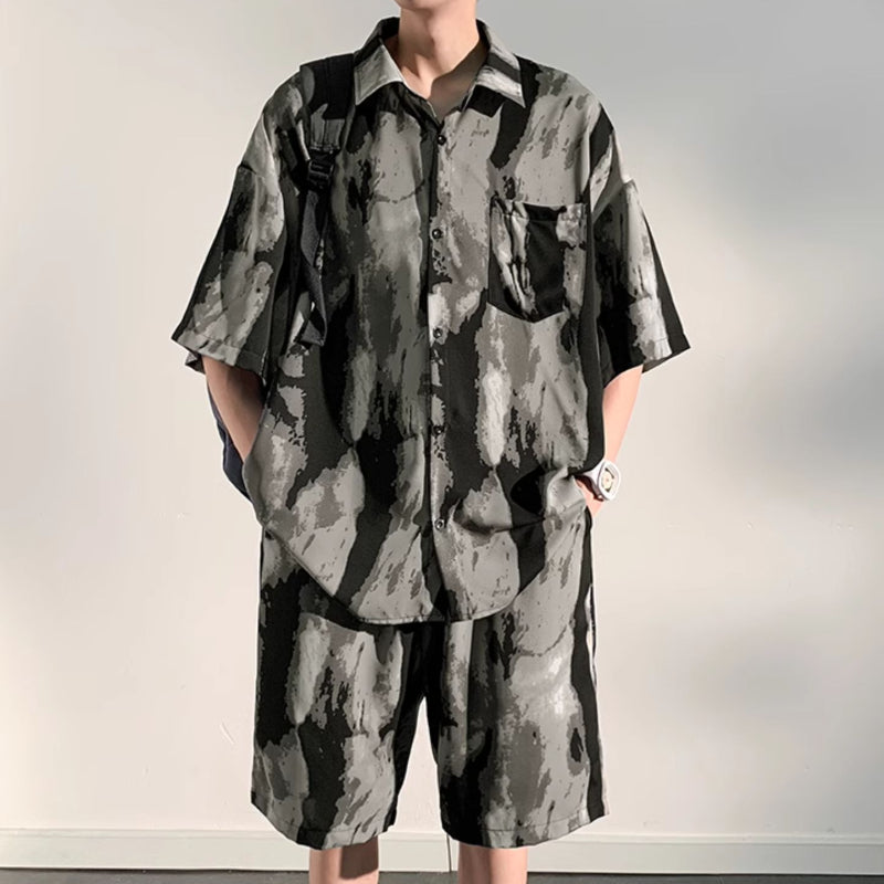 Summer Thin Ice Silk Drape Casual Shirt Loose Shorts Two-piece Set