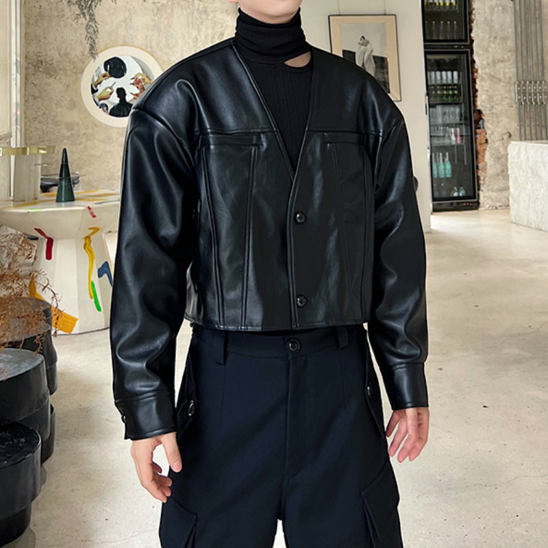 Short Black V-Neck Casual Leather Jacket