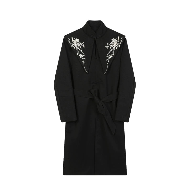 Mid-length Retro Buttoned Stand Collar Embroidered Windbreaker