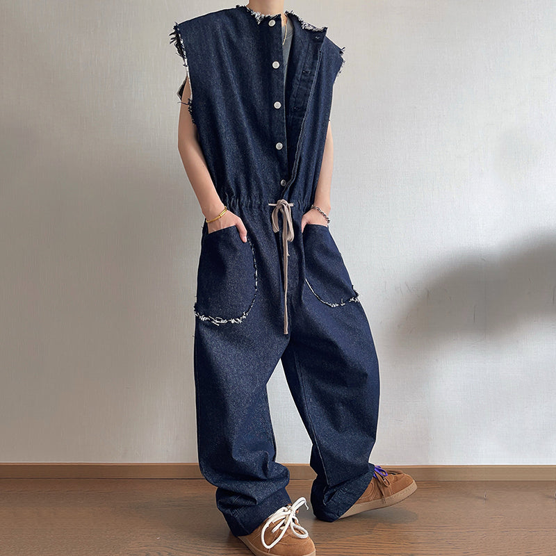 Vintage Loose Raw Edge Sleeveless Jumpsuit Jeans