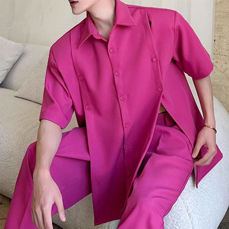 Slit Buttoned Shoulder Pad Shirt Wide Leg Trousers Two-Piece Set