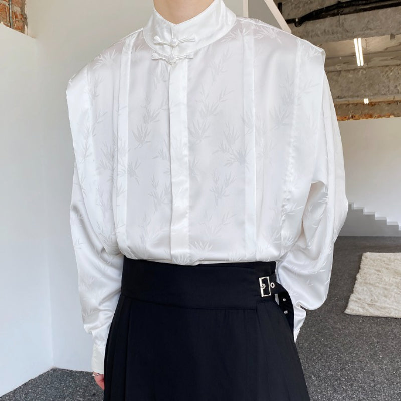 Vintage Satin Jacquard Stand Collar Button Shirt