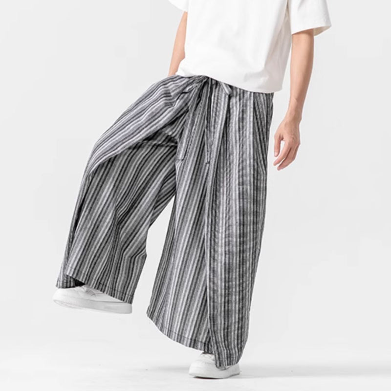 Vintage Striped Linen Thin Loose Wide Leg Culottes