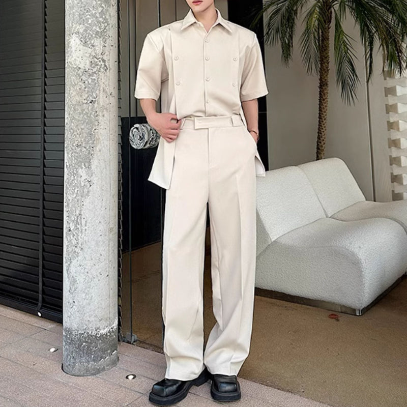 Slit Buttoned Shoulder Pad Shirt Wide Leg Trousers Two-Piece Set