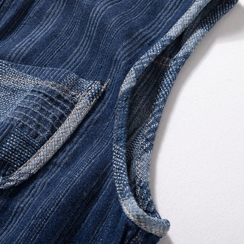 Denim Japanese Style Multi-pocket Patchwork Contrast Color Vest