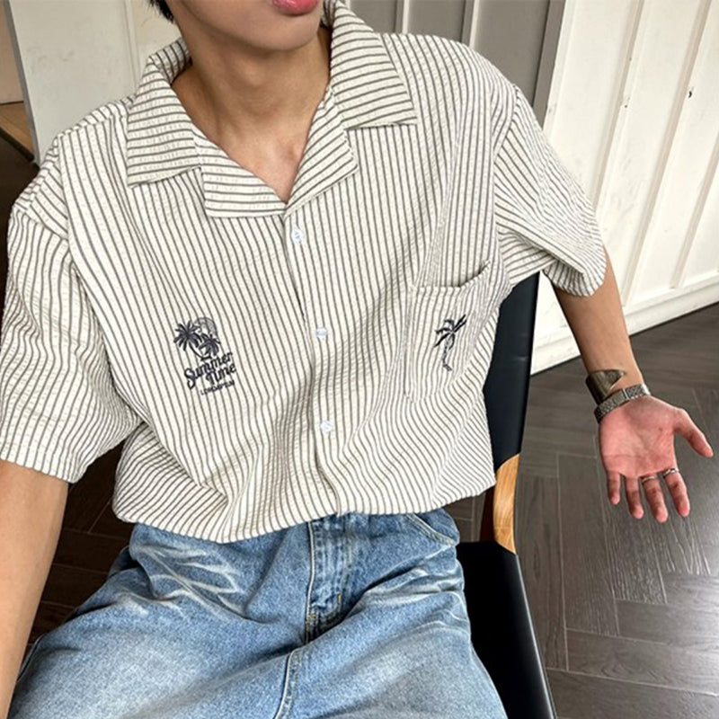 Vintage Embroidered Striped Short Sleeve Shirt