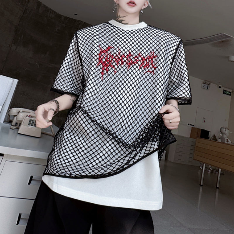 Mesh Fake Two-piece Letter Printed Patchwork T-shirt