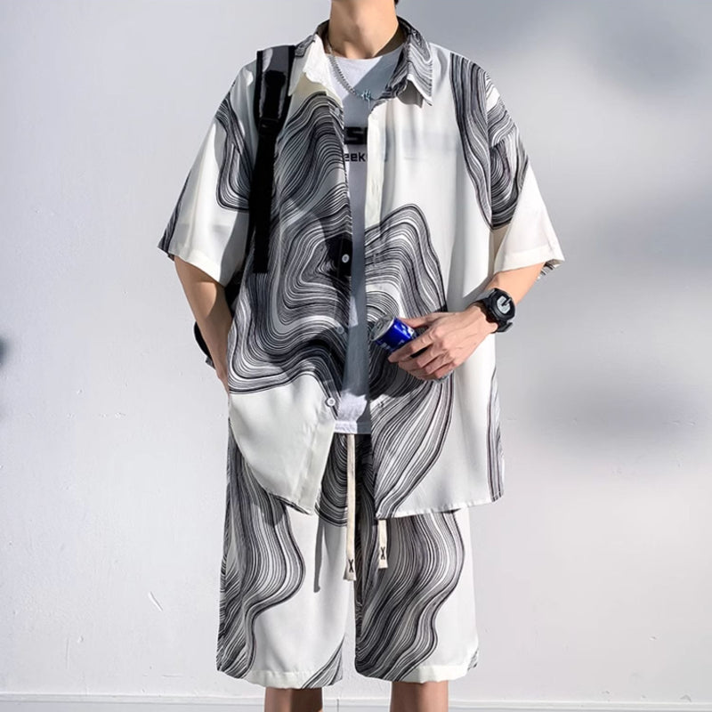 Summer Thin Ice Silk Drape Casual Shirt Loose Shorts Two-piece Set