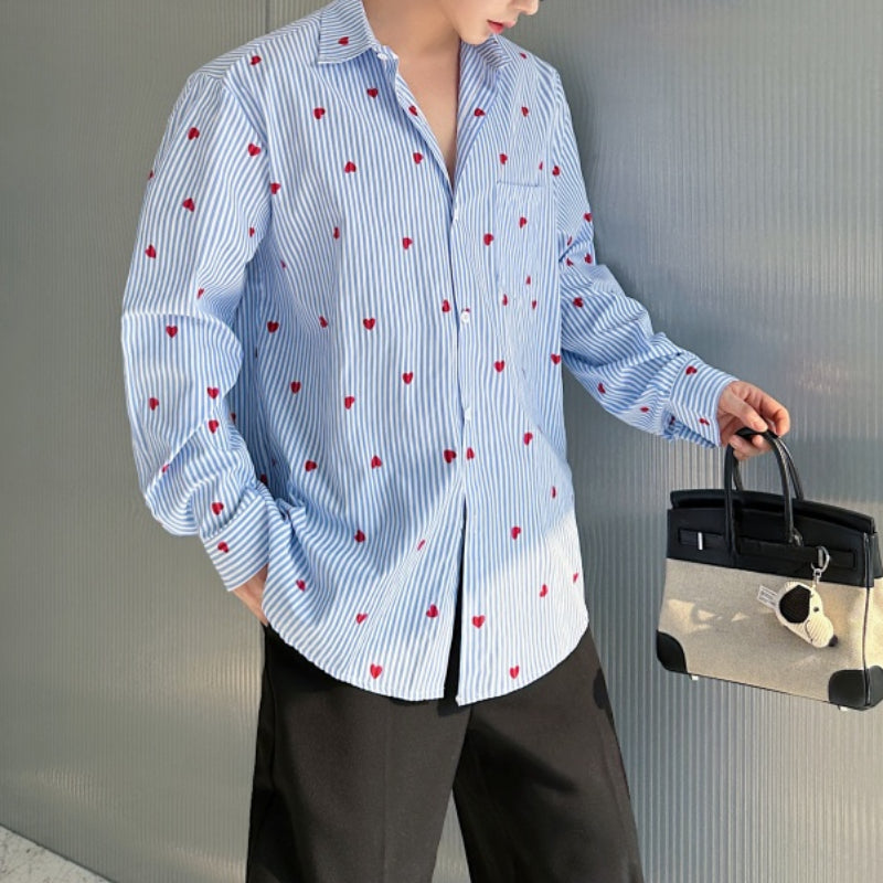 Blue Striped Heart Print Drape Shirt
