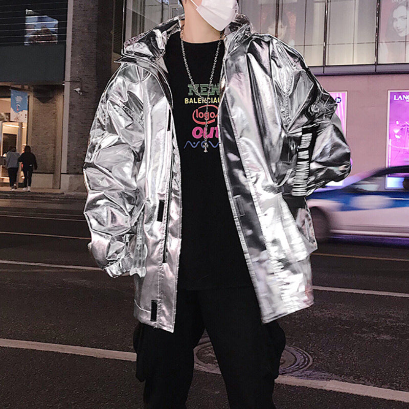 Stage Party Silver Leather  Hooded Jacket