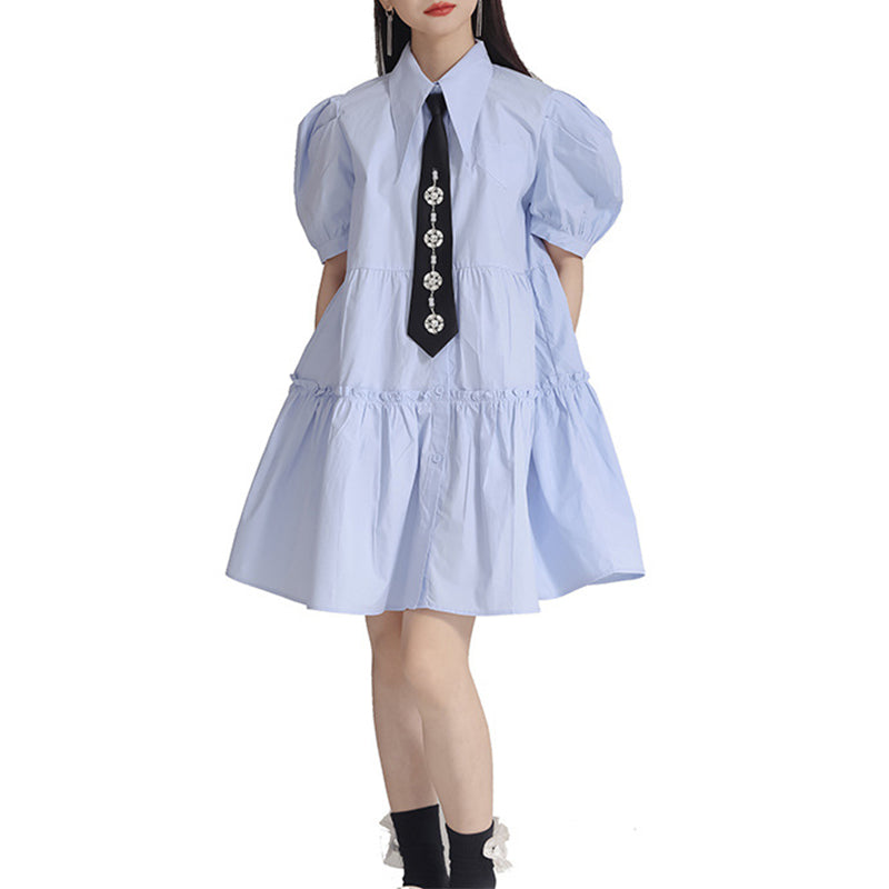 Tie Puff Sleeve Casual Shirt Dress