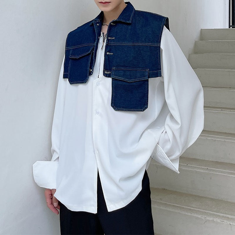 Asymmetrical Pockets Cropped Denim Vest