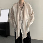 Solid Color Pleated Ribbon Casual Shirt