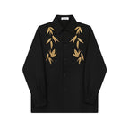 Maple Leaf Embroidered Vintage Lapel Long Sleeve Shirt