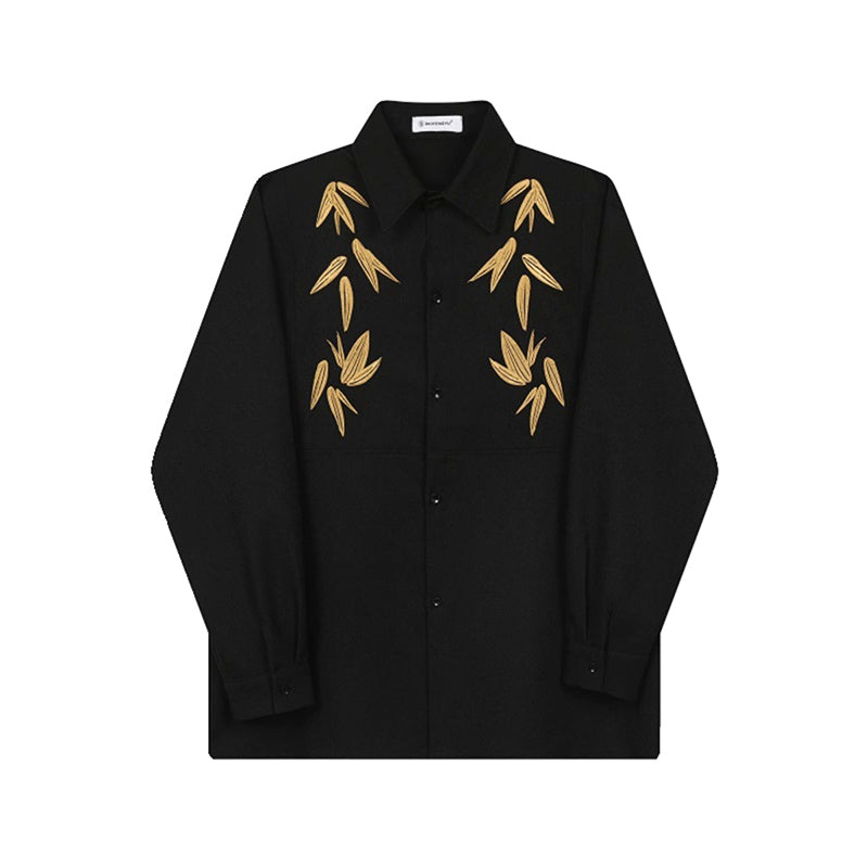 Maple Leaf Embroidered Vintage Lapel Long Sleeve Shirt