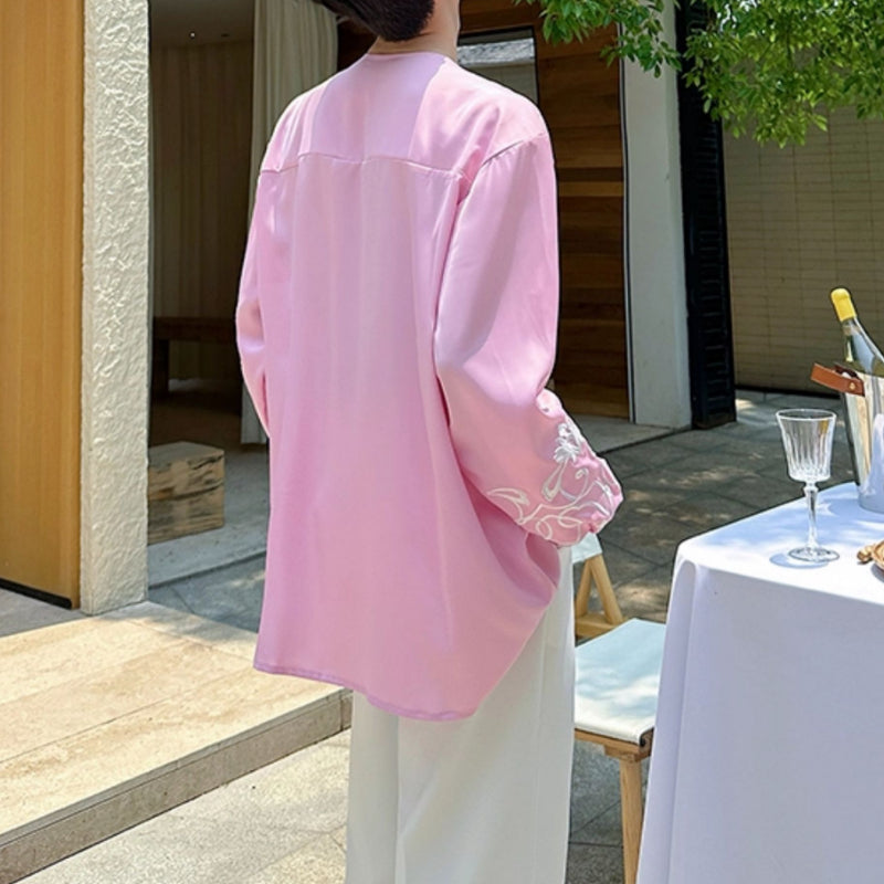 Heavy Embroidery V-neck Draped Ice Silk Shirt