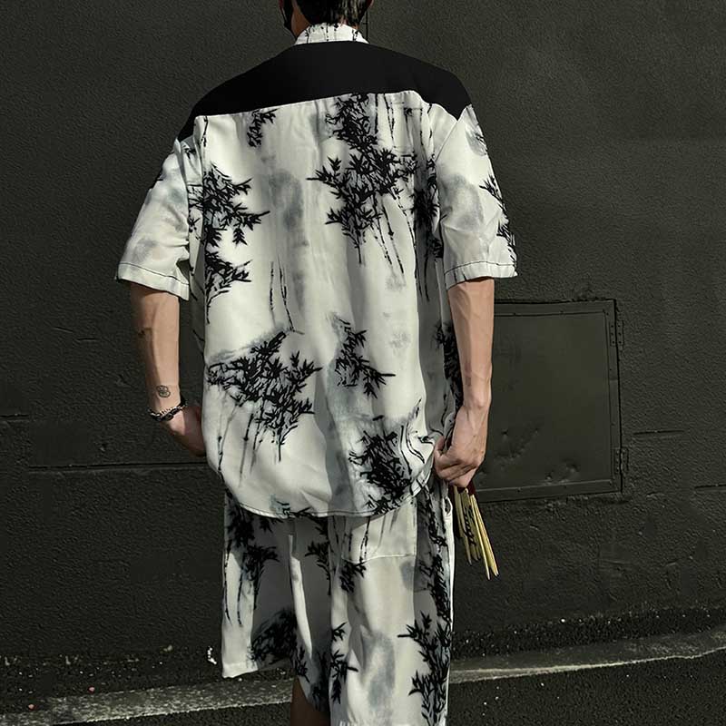 Summer Loose Ice Silk Shirt Ink Tie-dyed Short-sleeved Shorts Two-piece Suit