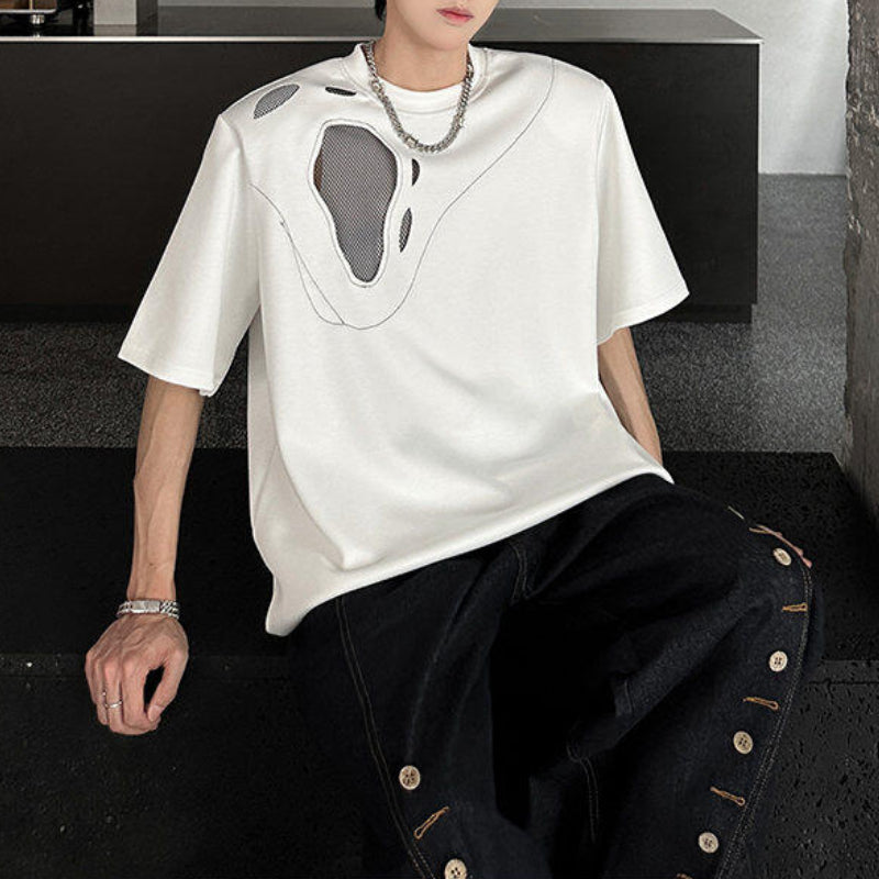 Padded Shoulder Loose Ripped Mesh T-shirt