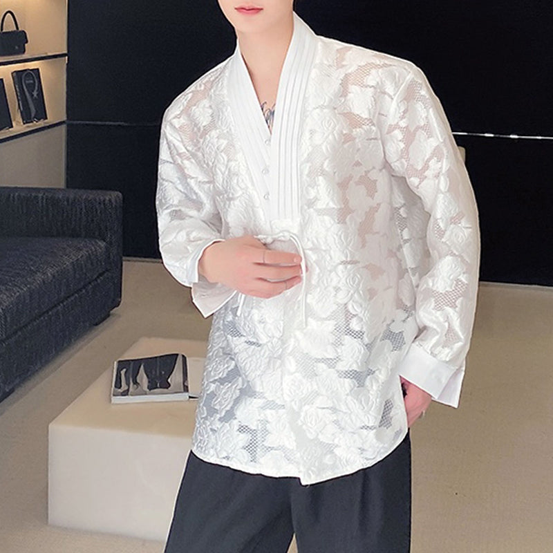 Casual Hollow Jacquard Disc Button Retro Long-sleeved Shirt