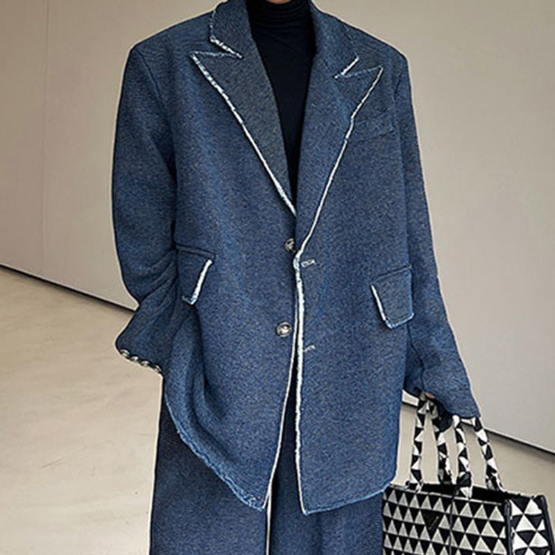Shoulder-padded Raw-edge Denim Blazer Straight-leg Wide-leg Pants Two-piece Set