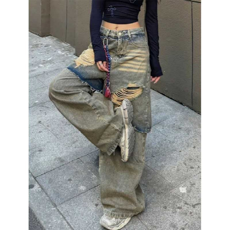 Ripped Fake Two-piece Denim Loose Drape Trousers