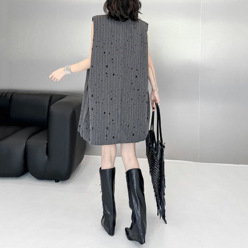 Ripped Loose Striped Suit Collar Vest Dress