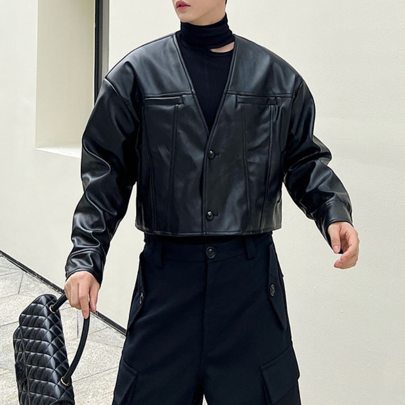 Short Black V-Neck Casual Leather Jacket