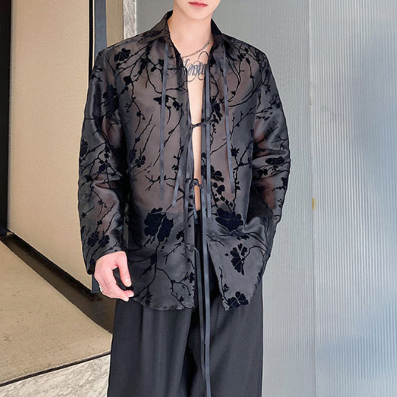 Ribbon Tie Jacquard See-through Shirt