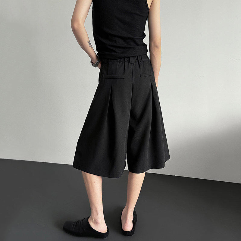 Button-embellished Draped Wide-leg Casual Suit Shorts