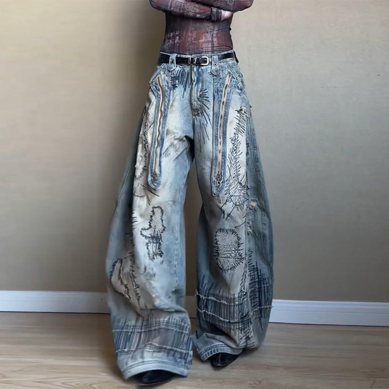 Stitch Embroidery Dyed Denim Loose Wide Leg Scimitar Pants