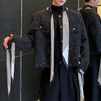 Check Scarf Tweed Raw Edge Short Jacket